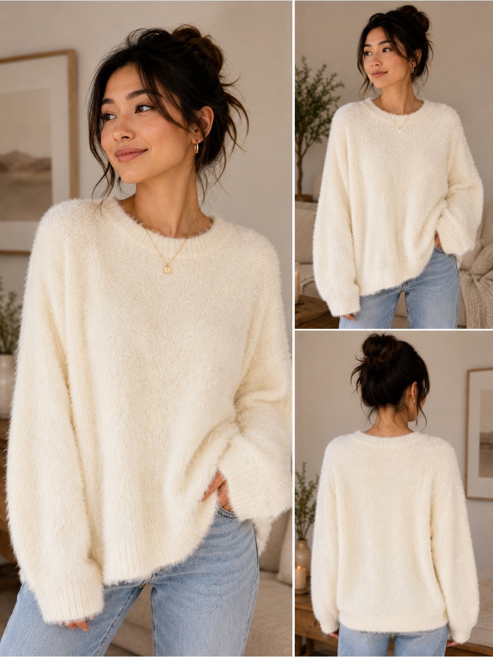 Aerie Ivory Fuzzy Eyelash Knit Sweater Oversized Cozy Soft Large